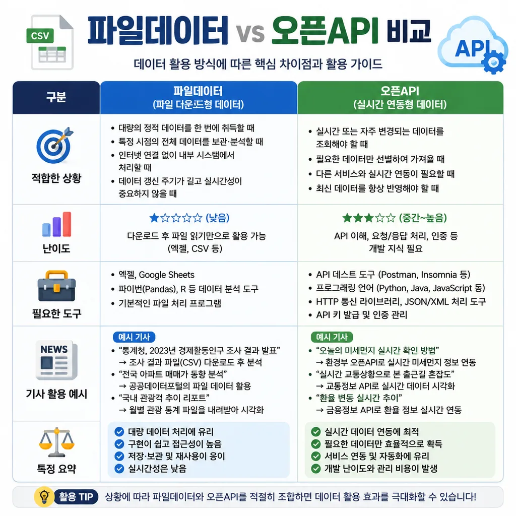 공공데이터포털 파일데이터와 오픈API 비교 표