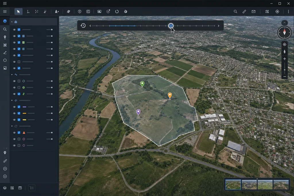 Google Earth Pro에서 과거 위성사진 시간 슬라이더를 확인하는 화면