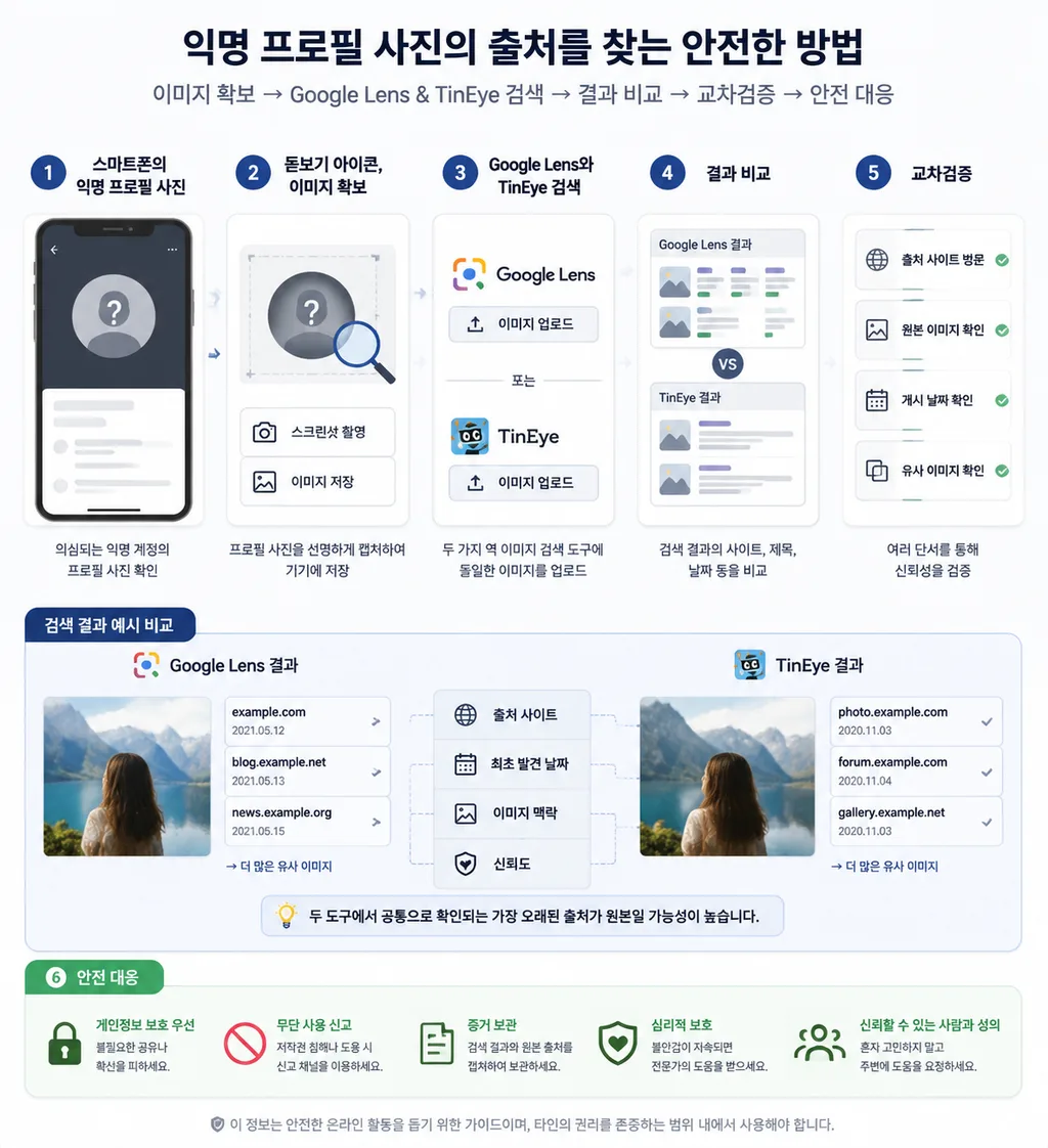 프로필 사진 역검색으로 신원 확인하는 절차를 보여주는 워크플로우